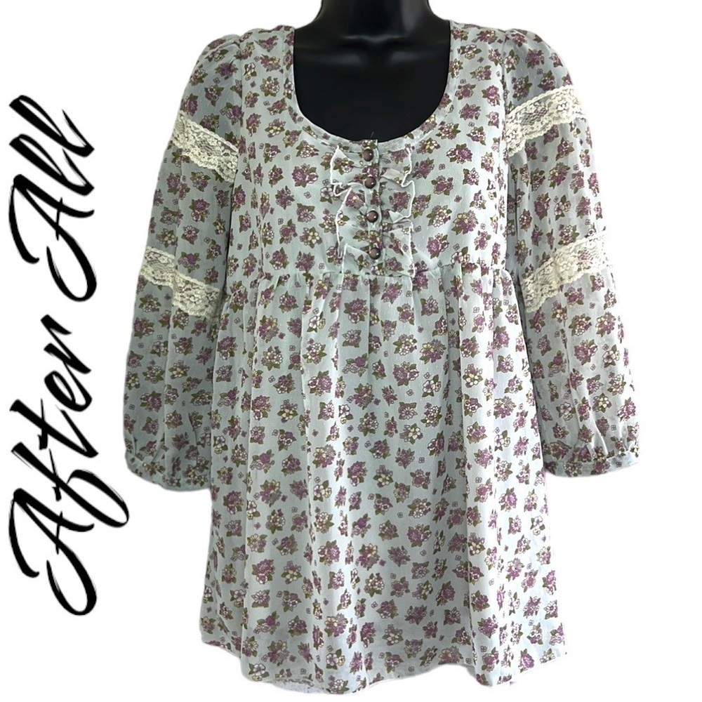 After All Floral Print Bohemian 3/4 Sleeve Blouse Size M